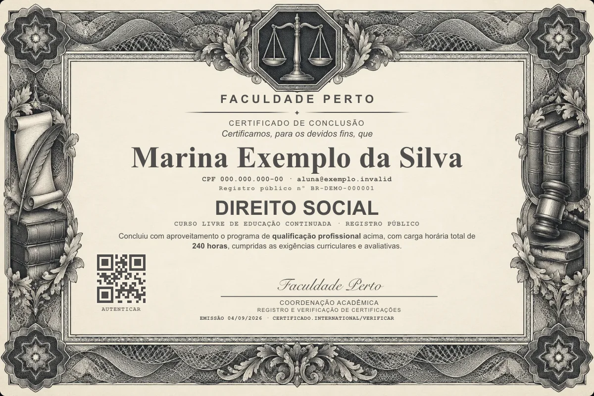 Modelo do certificado do curso de Direito Social grátis: registro público, QR de verificação e assinaturas — exemplo com dados fictícios.