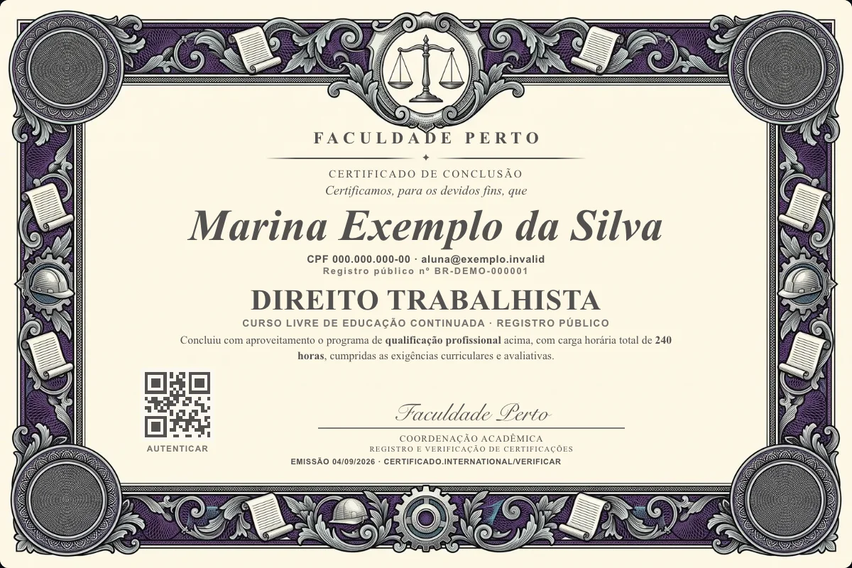 Modelo do certificado do curso de Direito Trabalhista grátis: registro público, QR de verificação e assinaturas — exemplo com dados fictícios.