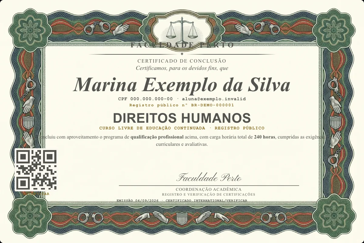 Modelo do certificado do curso de Direitos Humanos grátis: registro público, QR de verificação e assinaturas — exemplo com dados fictícios.