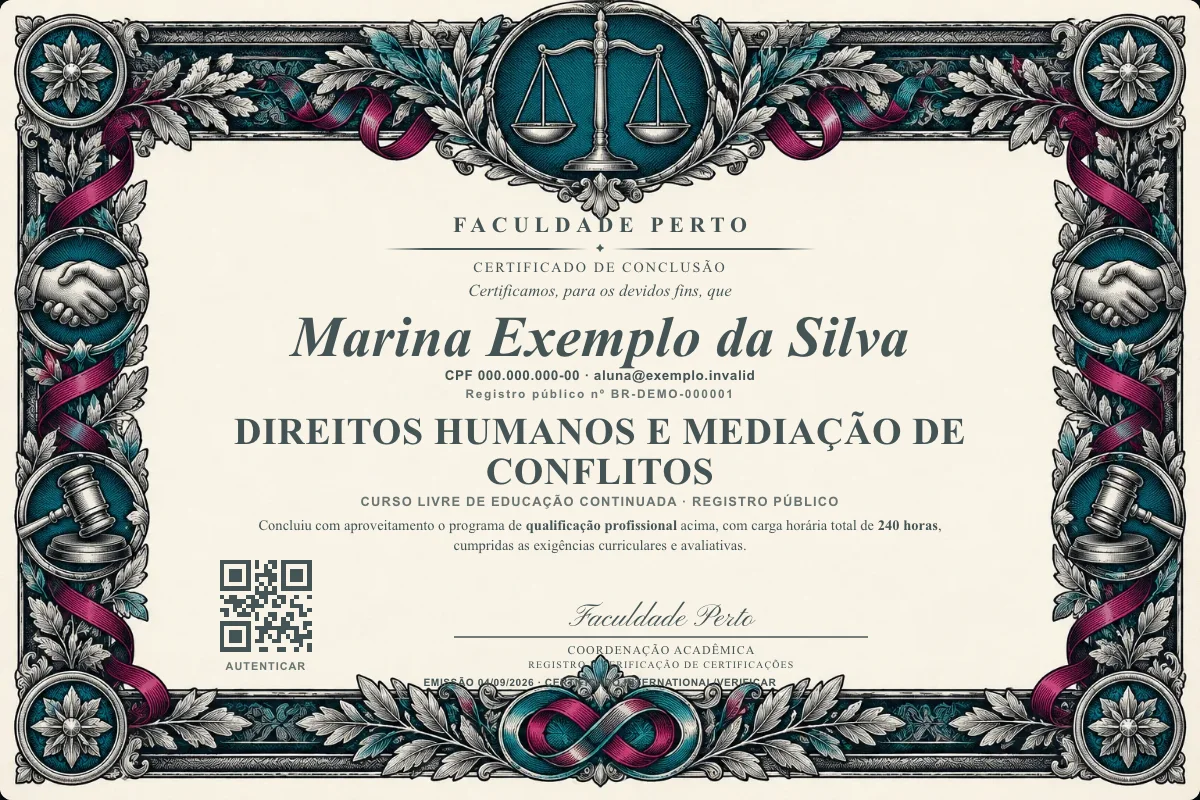 Modelo do certificado do curso de Direitos Humanos e Mediação de Conflitos grátis: registro público, QR de verificação e assinaturas — exemplo com dados fictícios.