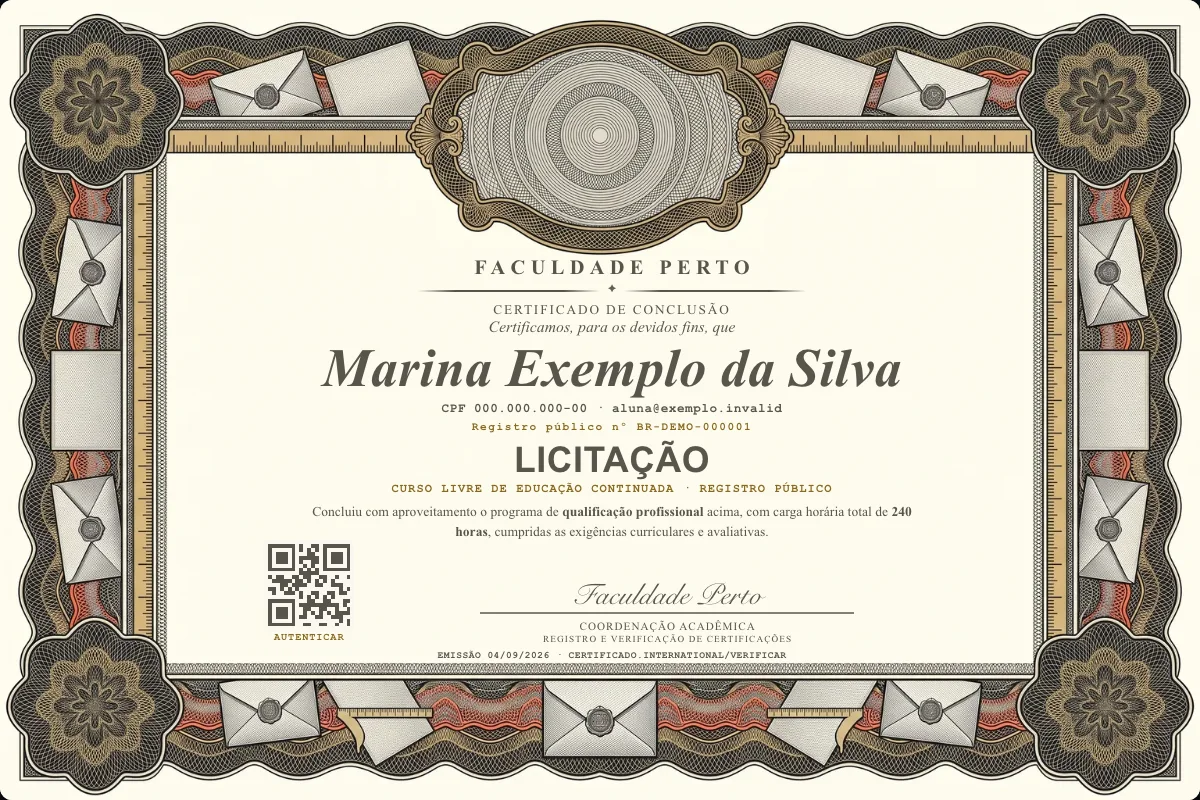 Modelo do certificado do curso de Licitação grátis: registro público, QR de verificação e assinaturas — exemplo com dados fictícios.
