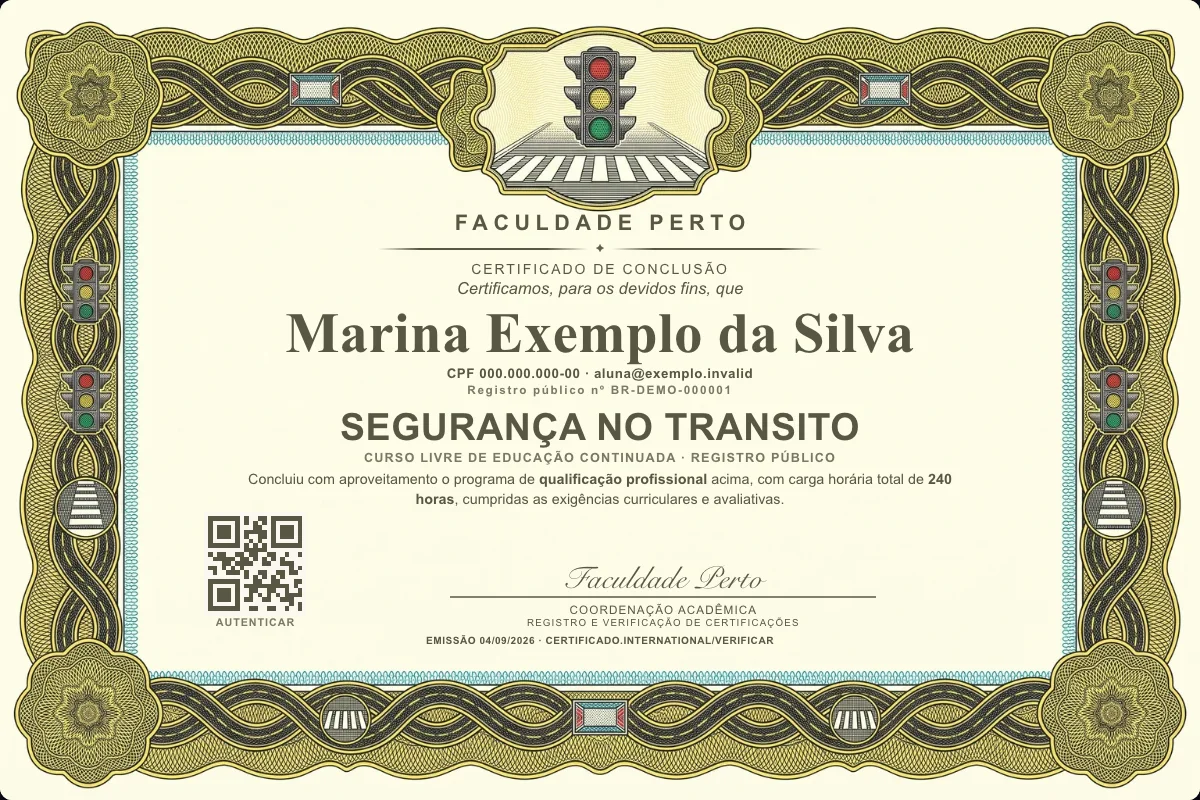Modelo do certificado do curso de Segurança no Transito grátis: registro público, QR de verificação e assinaturas — exemplo com dados fictícios.
