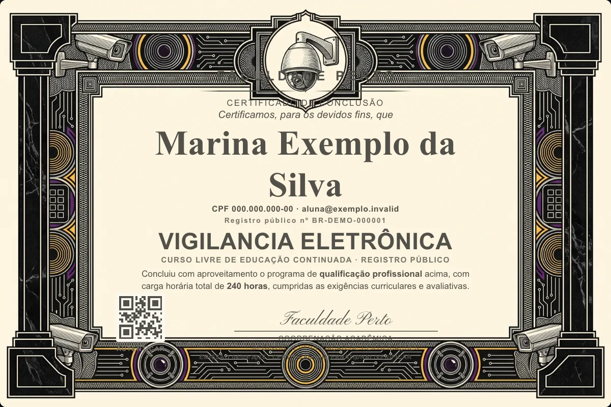 Modelo do certificado do curso de Vigilancia Eletrônica grátis: registro público, QR de verificação e assinaturas — exemplo com dados fictícios.