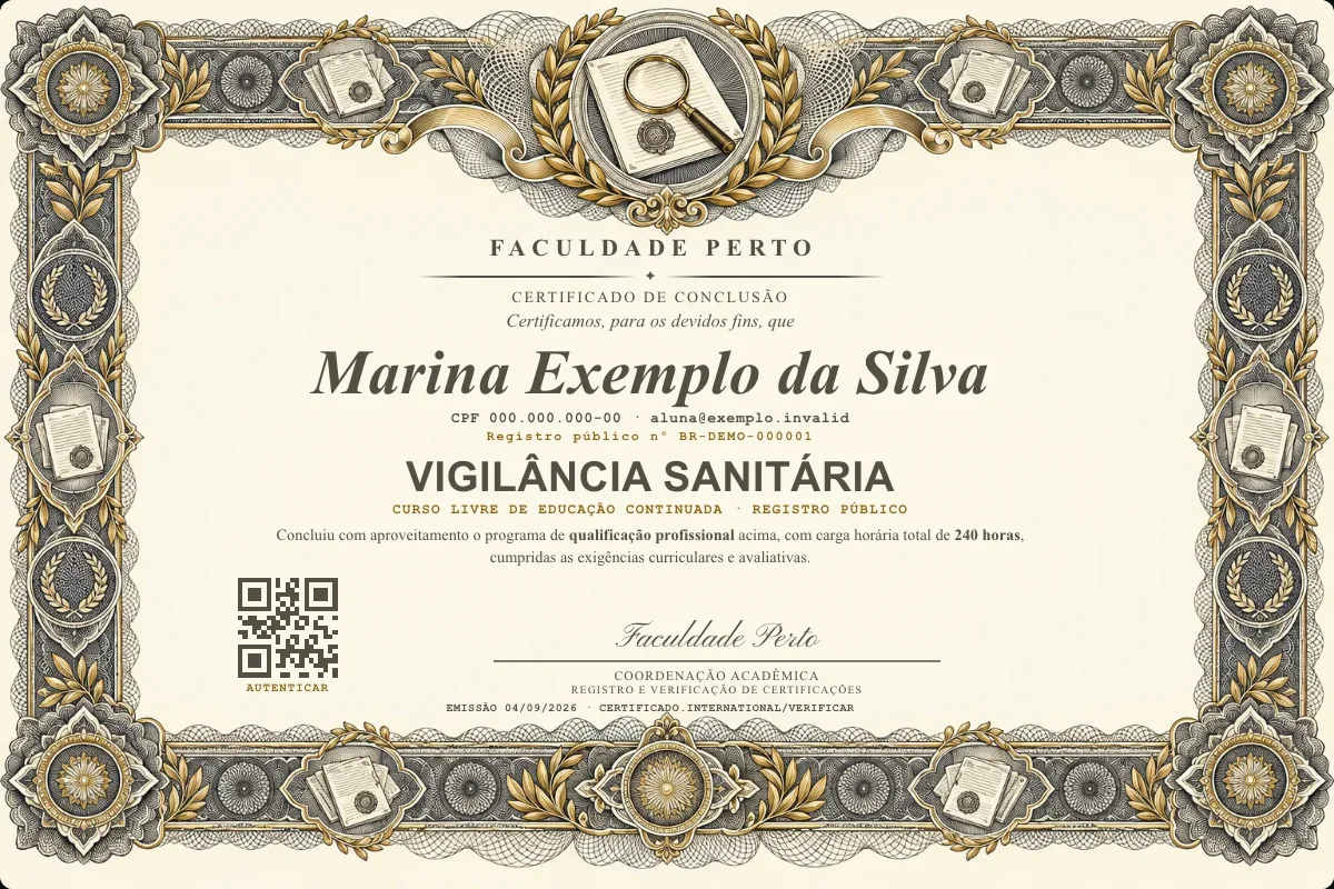 Modelo do certificado do curso de Vigilância Sanitária grátis: registro público, QR de verificação e assinaturas — exemplo com dados fictícios.