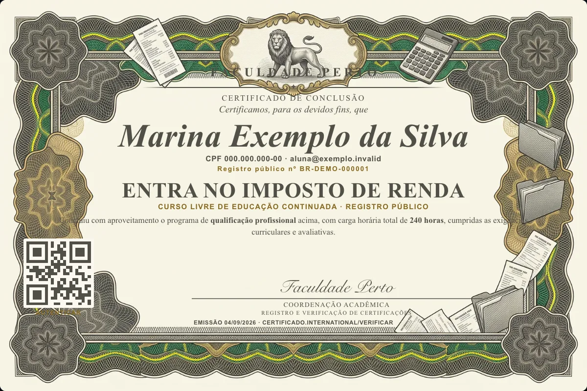 Modelo do certificado do curso de Entra no Imposto de Renda grátis: registro público, QR de verificação e assinaturas — exemplo com dados fictícios.