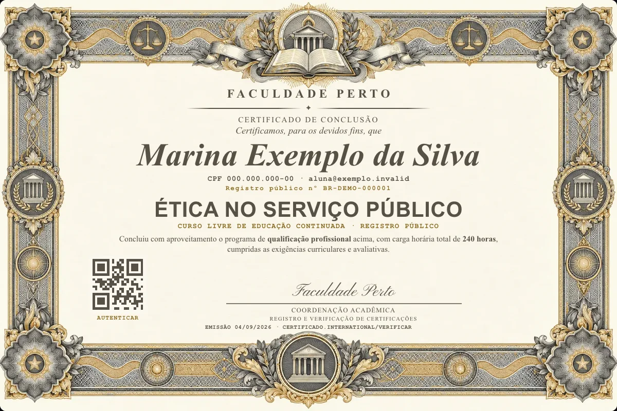 Modelo do certificado do curso de Ética no Serviço Público grátis: registro público, QR de verificação e assinaturas — exemplo com dados fictícios.