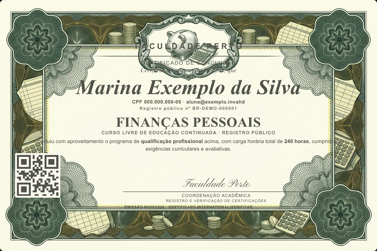 Modelo do certificado do curso de Finanças Pessoais grátis: registro público, QR de verificação e assinaturas — exemplo com dados fictícios.