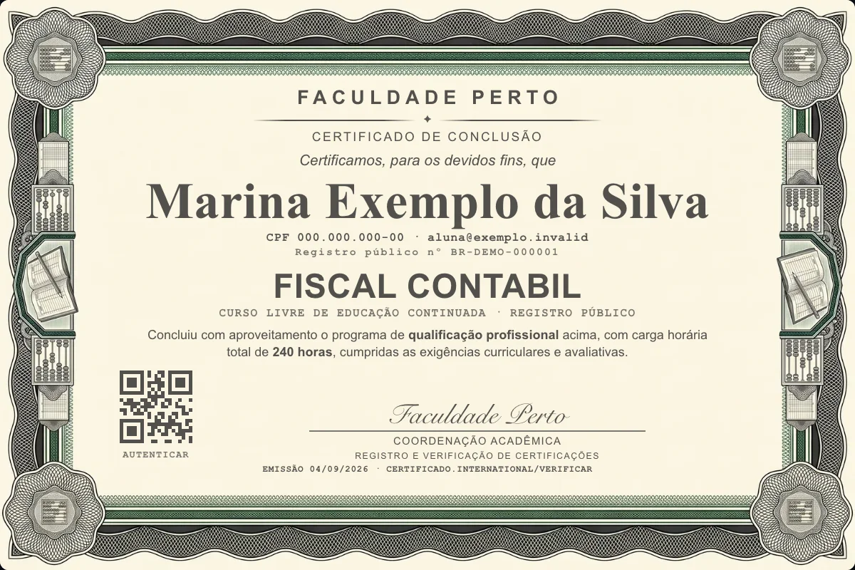 Modelo do certificado do curso de Fiscal Contabil grátis: registro público, QR de verificação e assinaturas — exemplo com dados fictícios.
