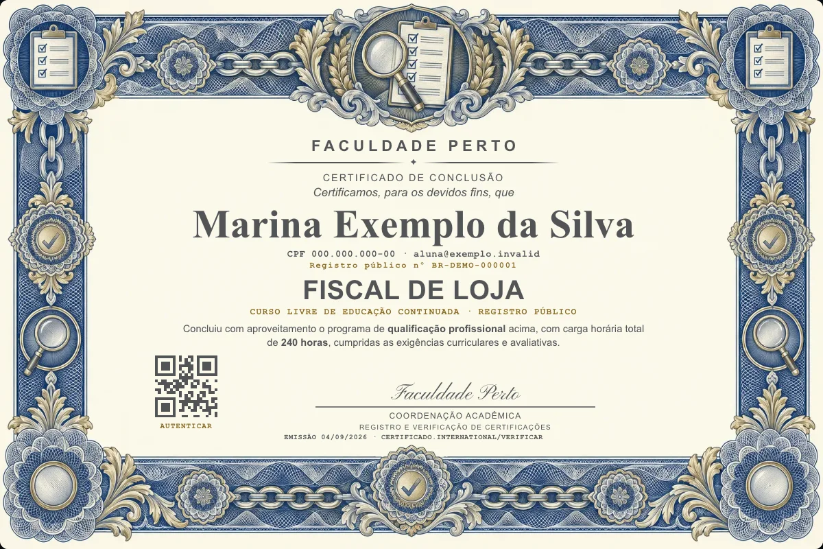 Modelo do certificado do curso de Fiscal de Loja grátis: registro público, QR de verificação e assinaturas — exemplo com dados fictícios.