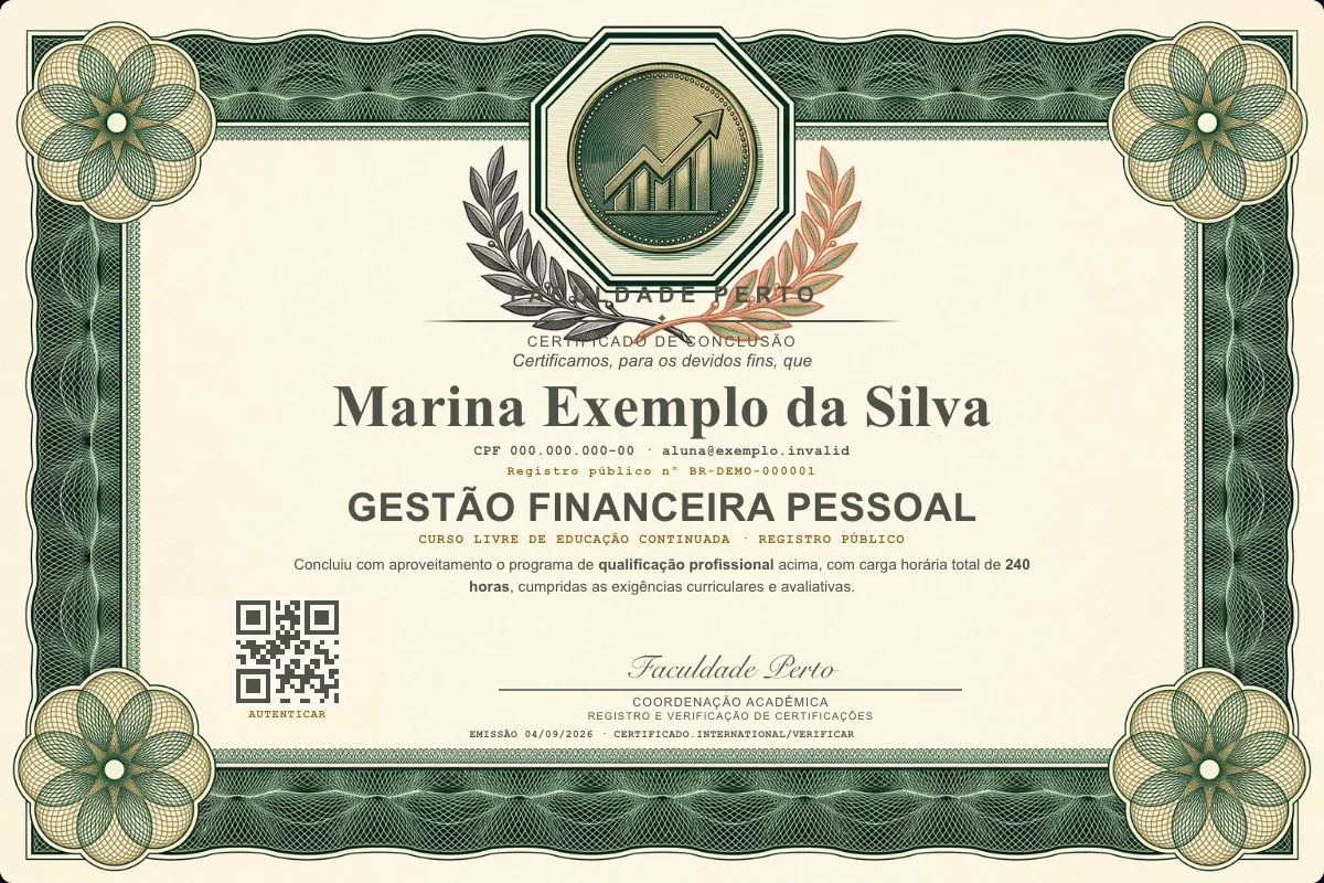 Modelo do certificado do curso de Gestão Financeira Pessoal grátis: registro público, QR de verificação e assinaturas — exemplo com dados fictícios.