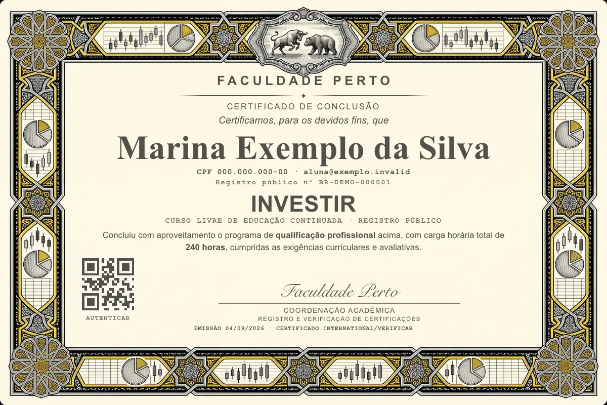 Modelo do certificado do curso de Investir grátis: registro público, QR de verificação e assinaturas — exemplo com dados fictícios.