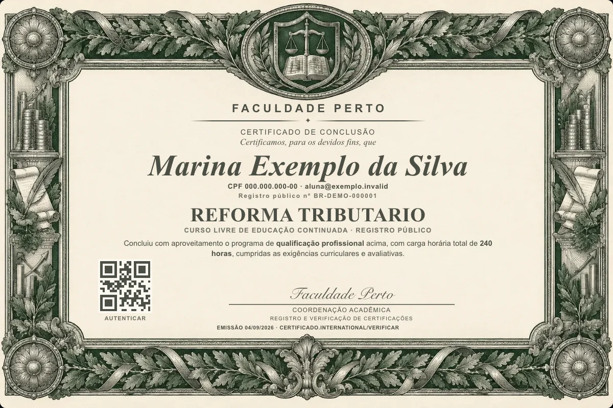 Modelo do certificado do curso de Reforma Tributario grátis: registro público, QR de verificação e assinaturas — exemplo com dados fictícios.