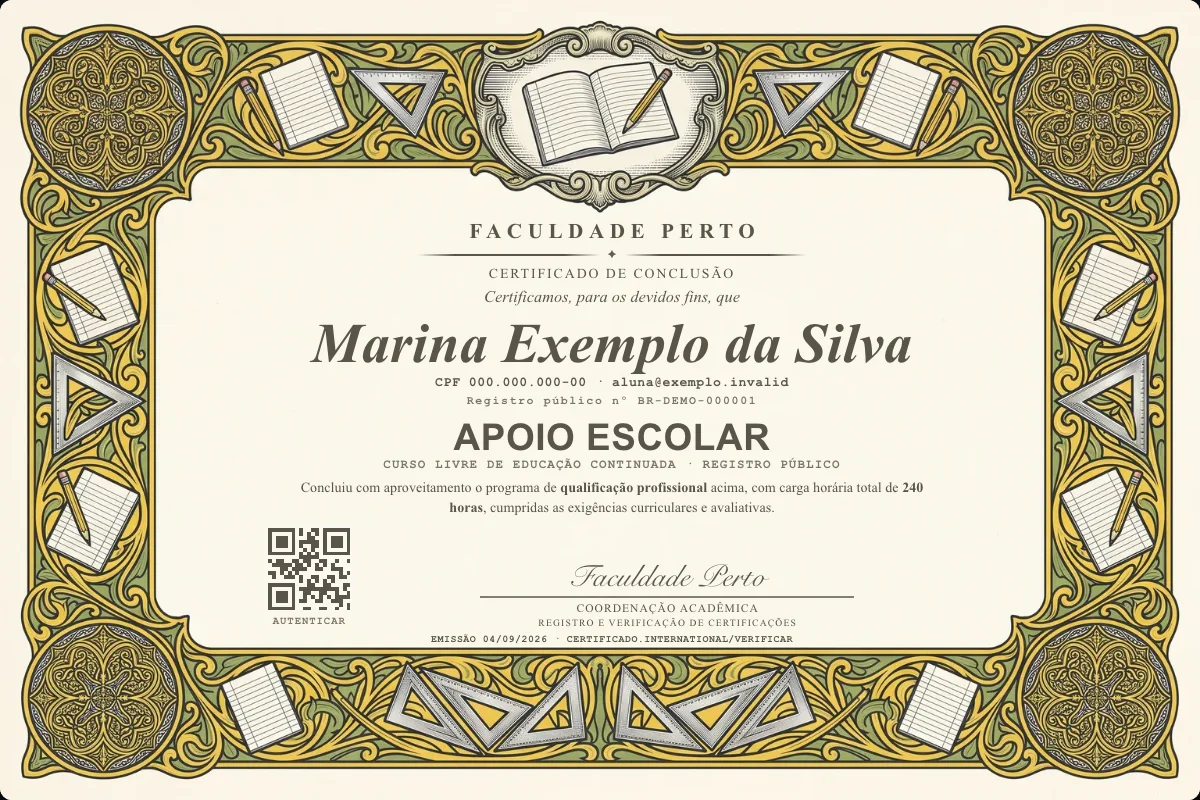 Certificado do curso de Apoio Escolar