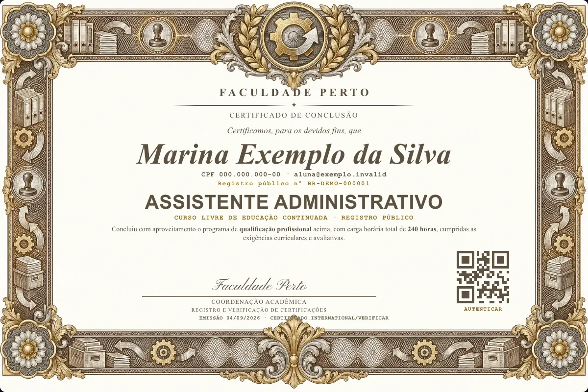 Modelo do certificado do curso de Assistente Administrativo grátis: registro público, QR de verificação e assinaturas — exemplo com dados fictícios.