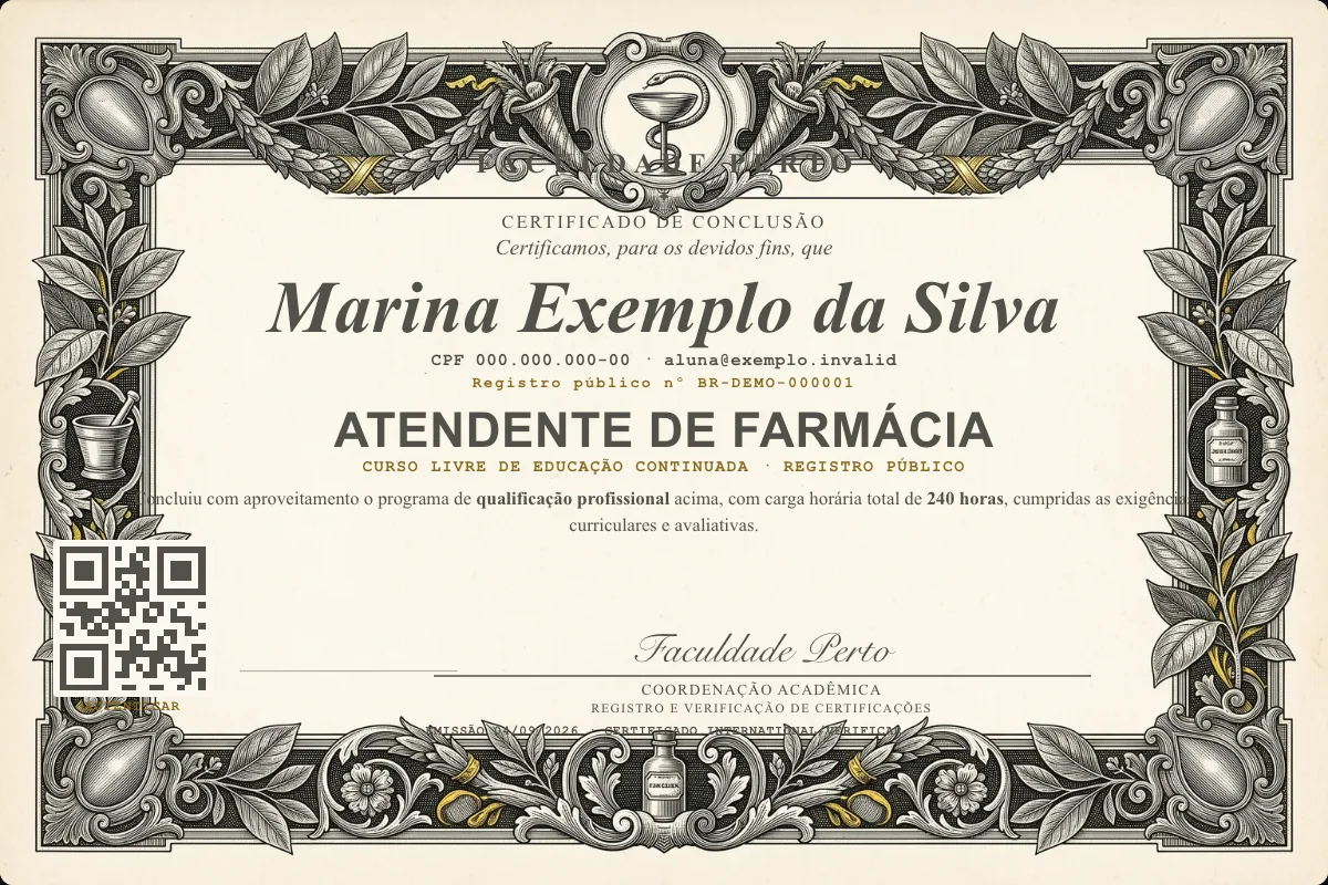 Modelo do certificado do curso de Atendente de Farmácia grátis: registro público, QR de verificação e assinaturas — exemplo com dados fictícios.