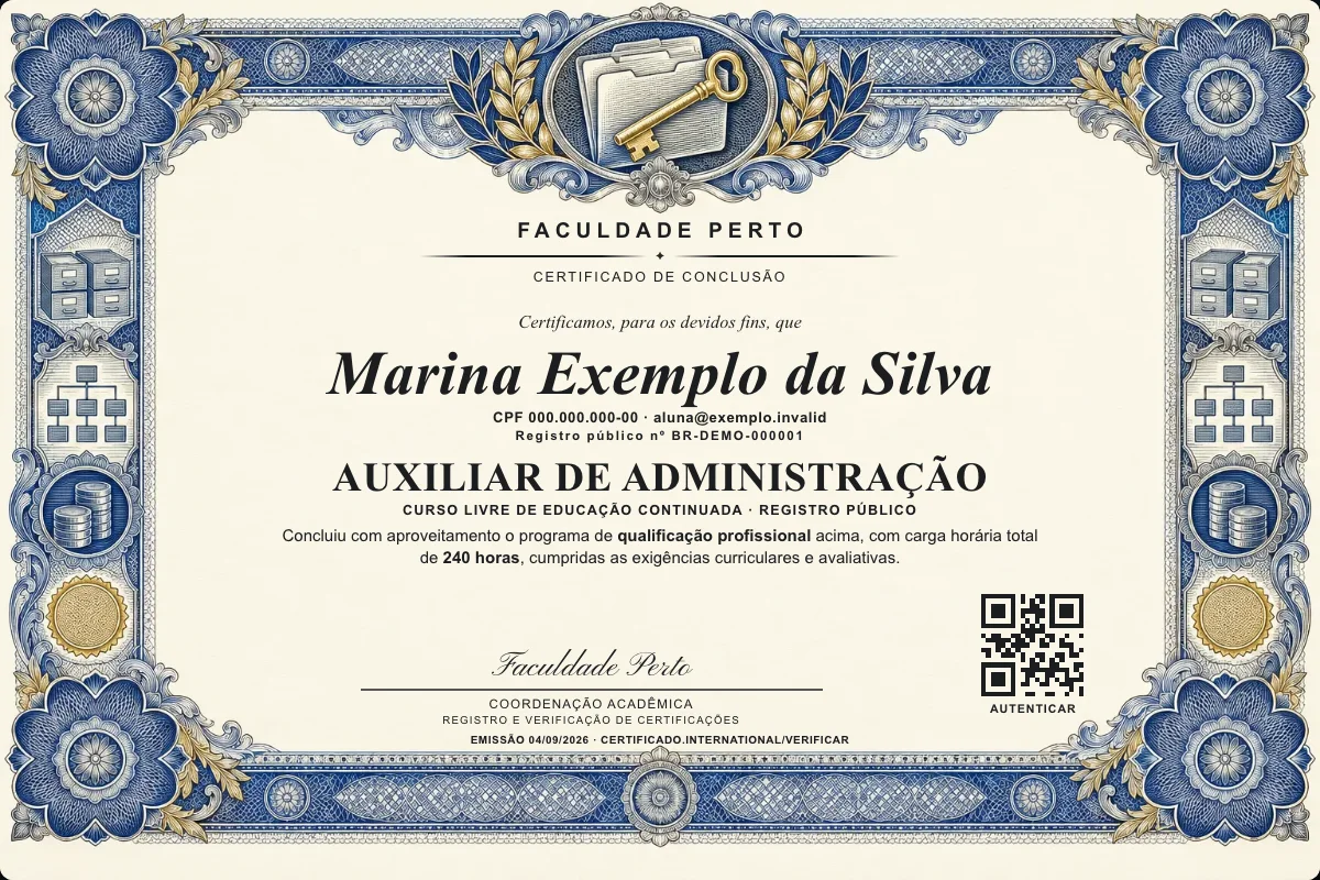 Modelo do certificado do curso de Auxiliar de Administração grátis: registro público, QR de verificação e assinaturas — exemplo com dados fictícios.