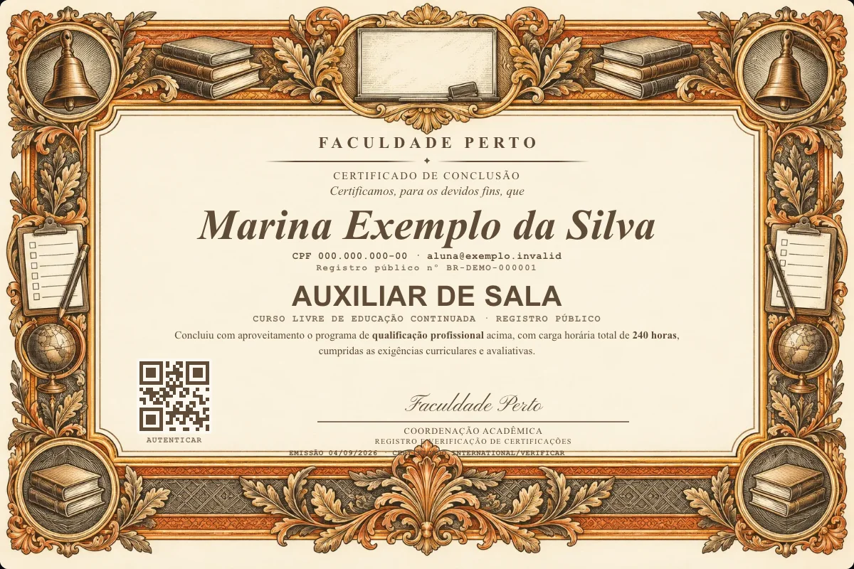 Modelo do certificado do curso de Auxiliar de Sala grátis: registro público, QR de verificação e assinaturas — exemplo com dados fictícios.