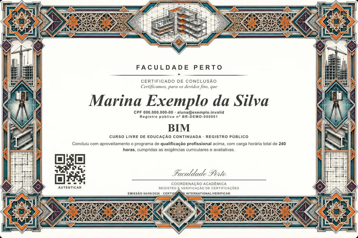 Modelo do certificado do curso de BIM grátis: registro público, QR de verificação e assinaturas — exemplo com dados fictícios.