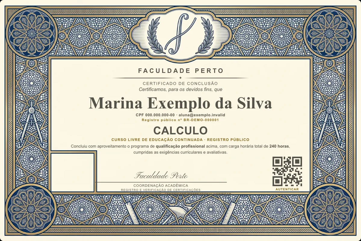 Modelo do certificado do curso de Calculo grátis: registro público, QR de verificação e assinaturas — exemplo com dados fictícios.