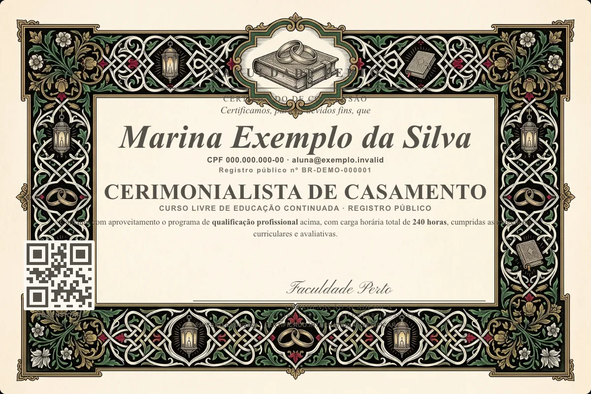 Modelo do certificado do curso de Cerimonialista de Casamento grátis: registro público, QR de verificação e assinaturas — exemplo com dados fictícios.