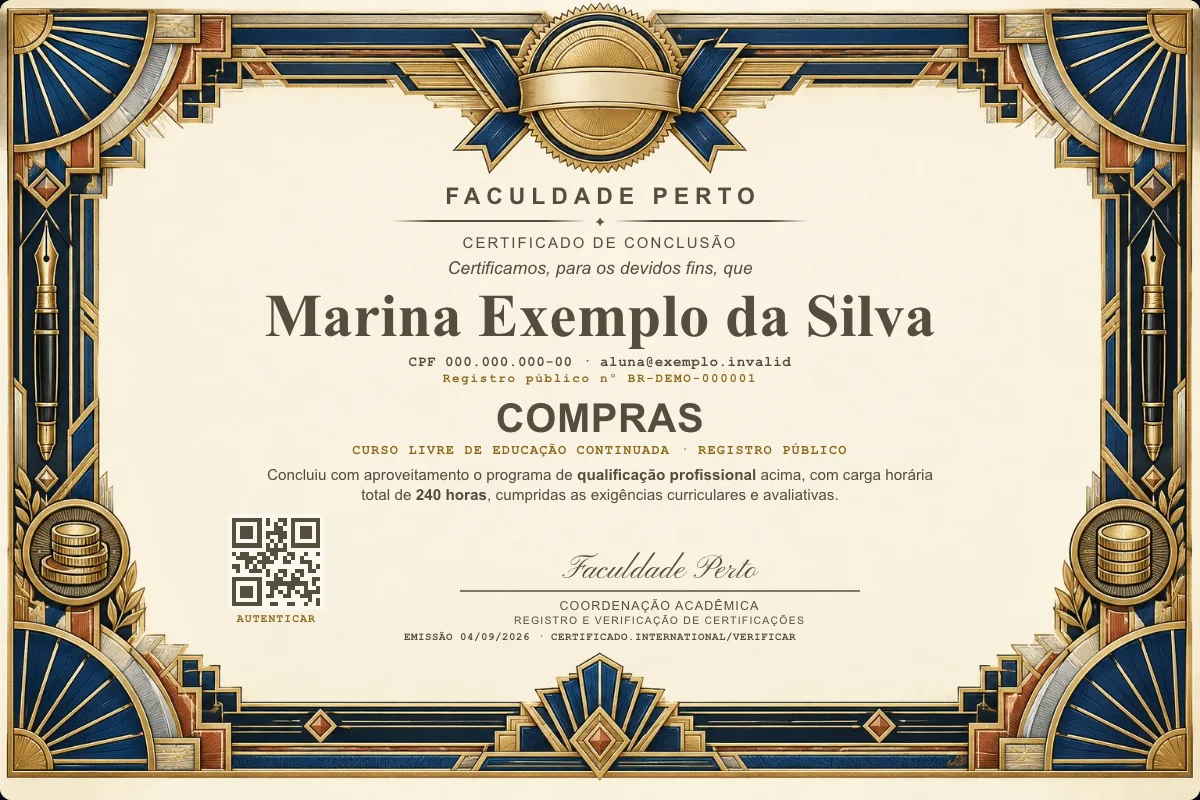 Modelo do certificado do curso de Compras grátis: registro público, QR de verificação e assinaturas — exemplo com dados fictícios.