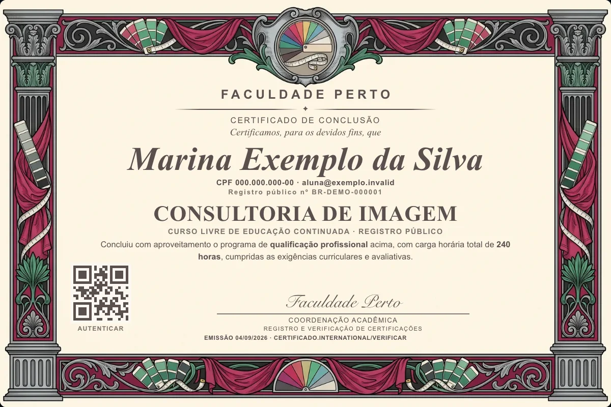 Modelo do certificado do curso de Consultoria de Imagem grátis: registro público, QR de verificação e assinaturas — exemplo com dados fictícios.