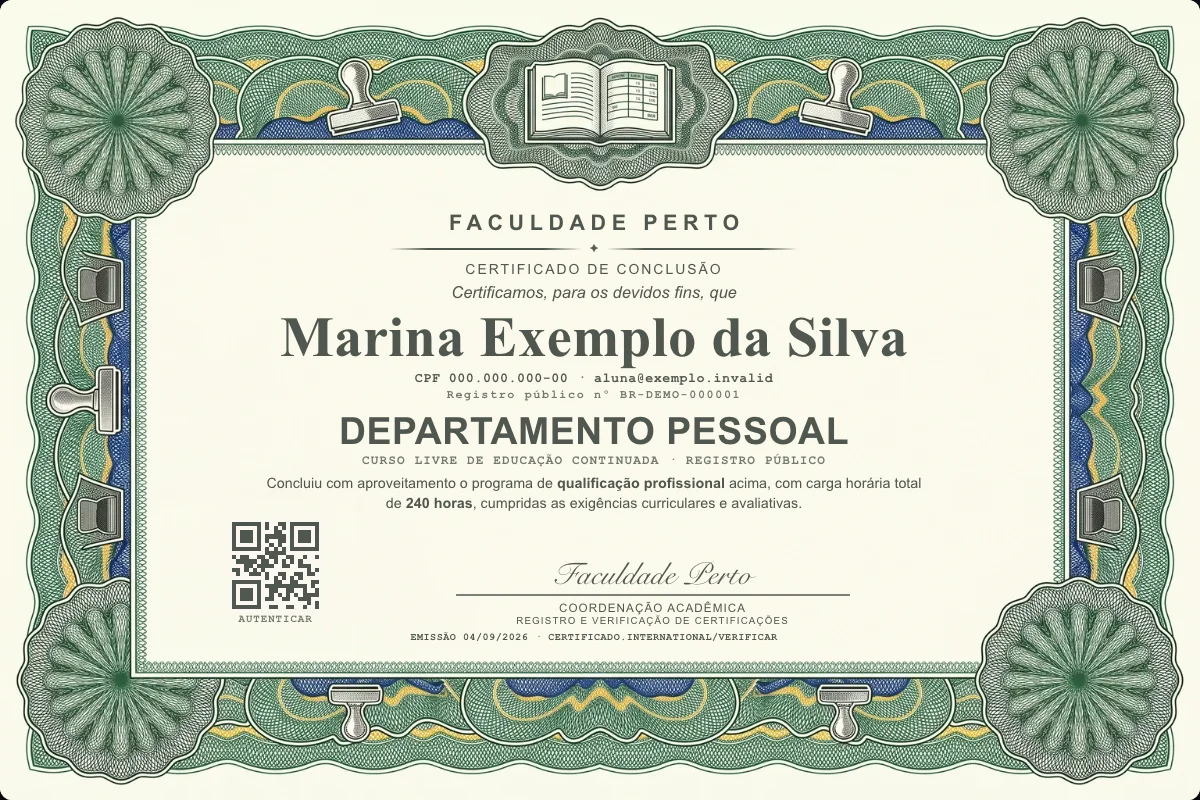 Modelo do certificado do curso de Departamento Pessoal grátis: registro público, QR de verificação e assinaturas — exemplo com dados fictícios.