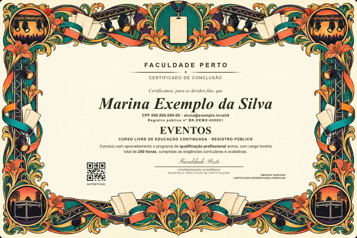 Modelo do certificado do curso de Eventos grátis: registro público, QR de verificação e assinaturas — exemplo com dados fictícios.