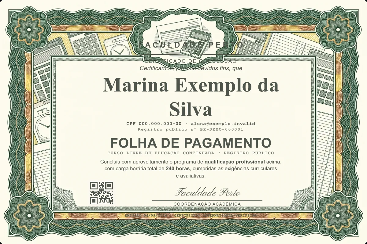 Modelo do certificado do curso de Folha de Pagamento grátis: registro público, QR de verificação e assinaturas — exemplo com dados fictícios.