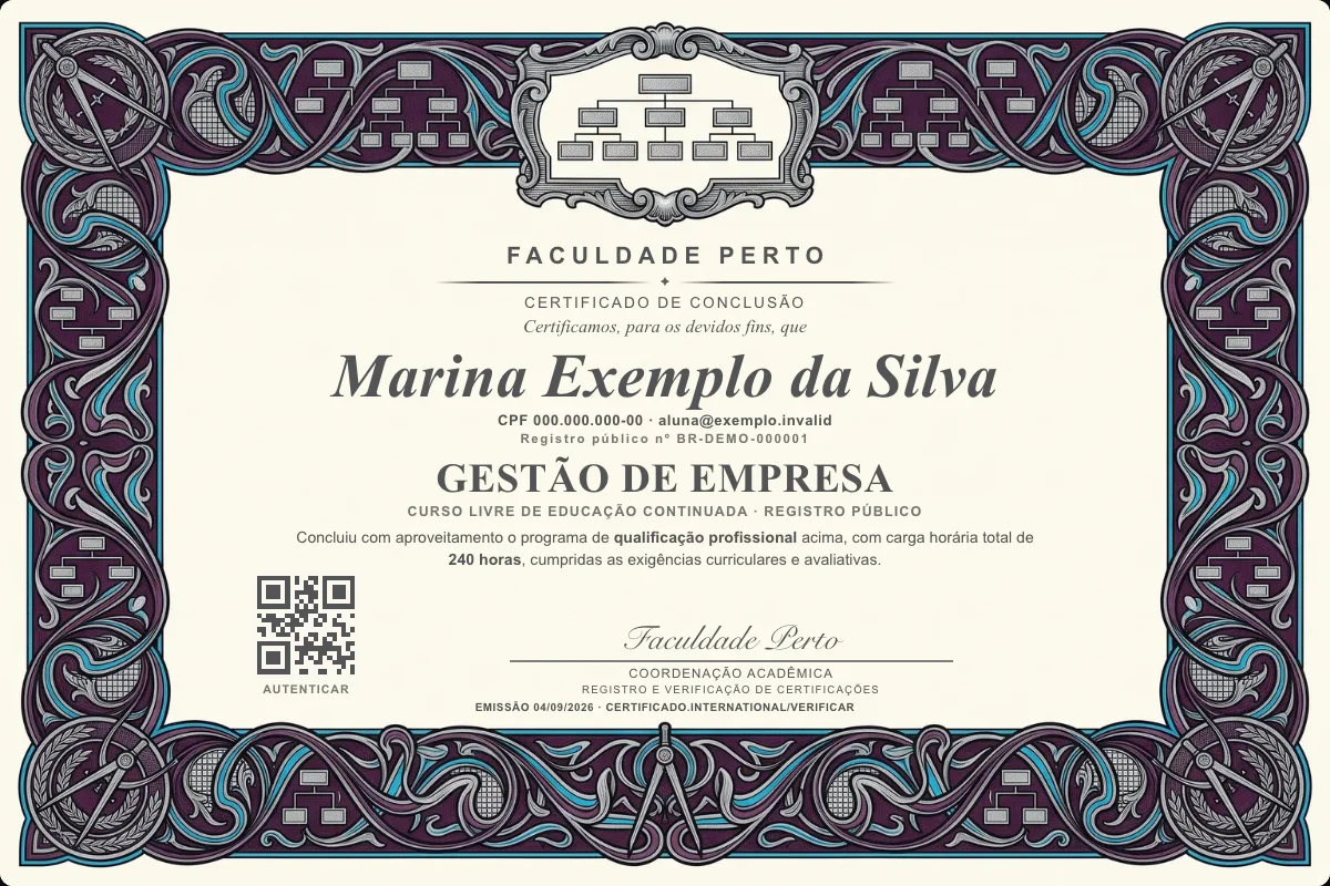 Modelo do certificado do curso de Gestão de Empresa grátis: registro público, QR de verificação e assinaturas — exemplo com dados fictícios.