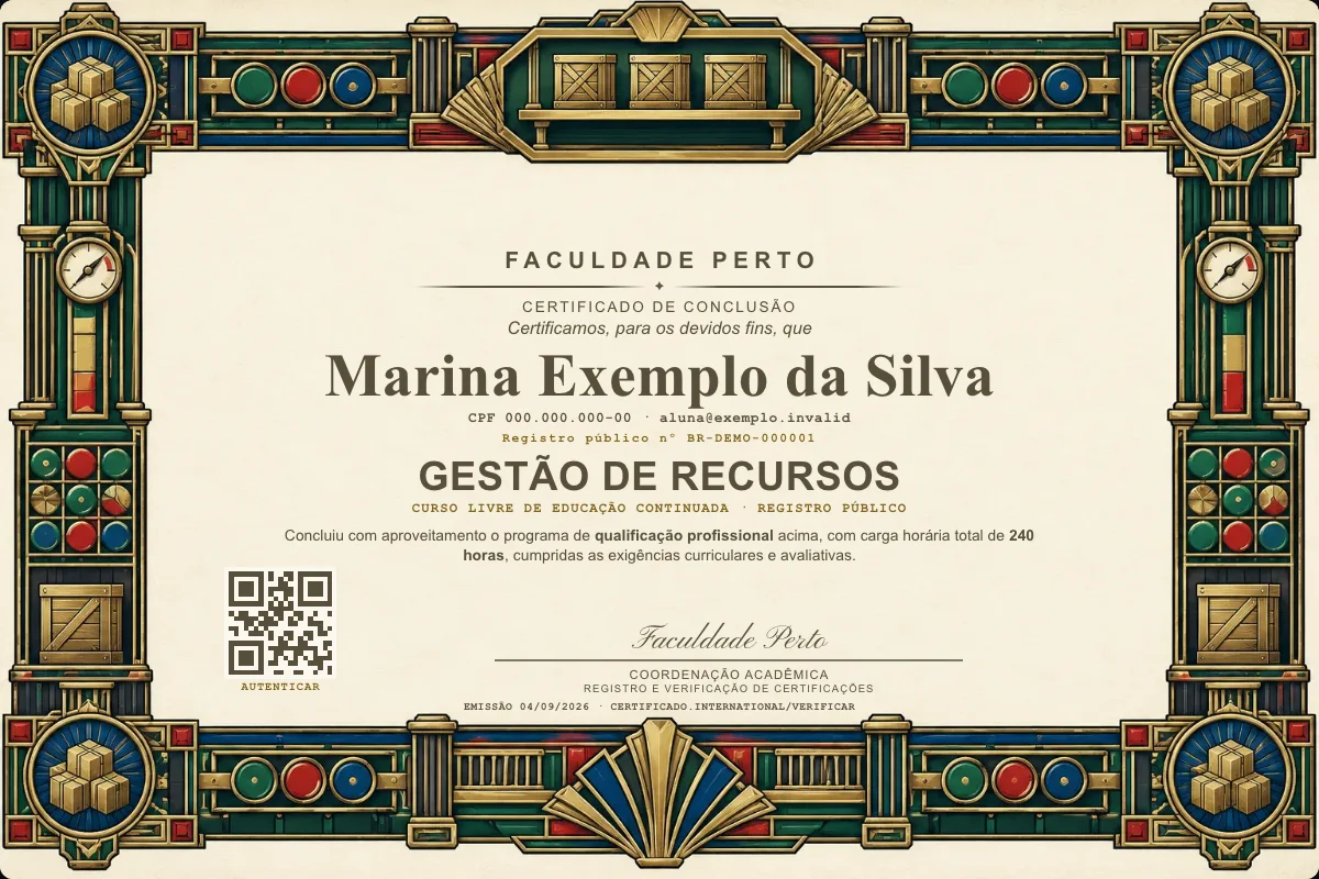 Modelo do certificado do curso de Gestão de Recursos grátis: registro público, QR de verificação e assinaturas — exemplo com dados fictícios.