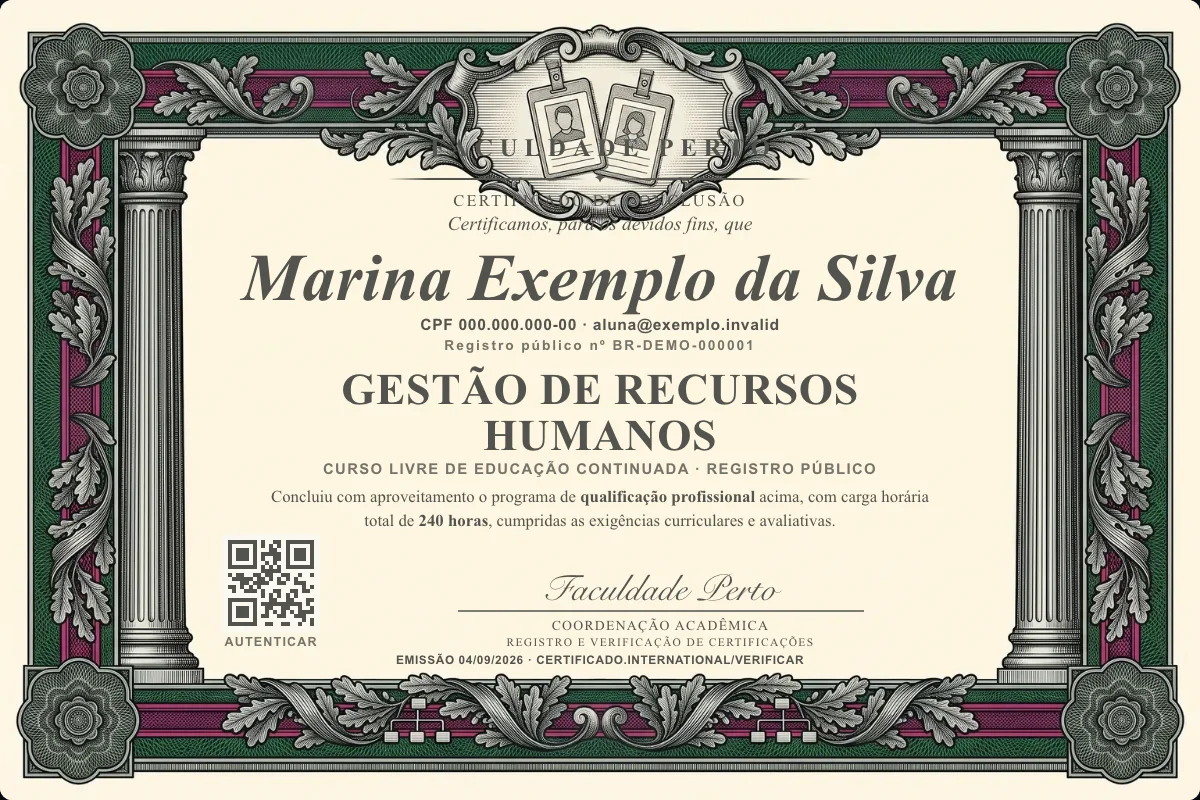 Modelo do certificado do curso de Gestão de Recursos Humanos grátis: registro público, QR de verificação e assinaturas — exemplo com dados fictícios.
