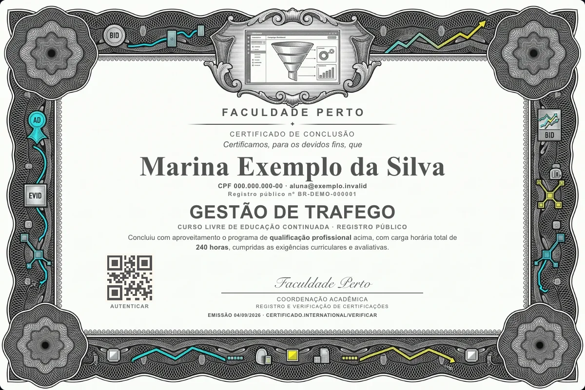 Modelo do certificado do curso de Gestão de Trafego grátis: registro público, QR de verificação e assinaturas — exemplo com dados fictícios.