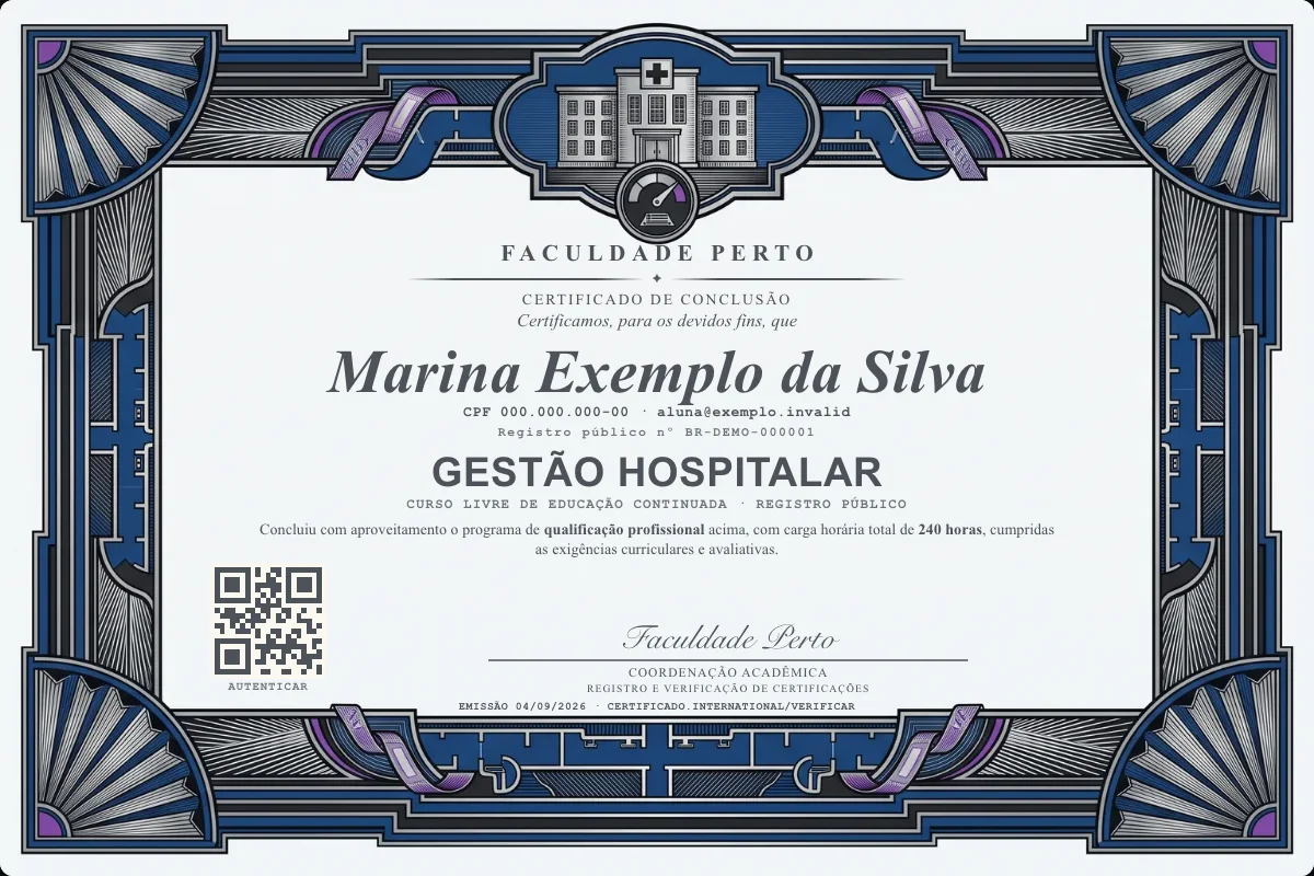 Modelo do certificado do curso de Gestão Hospitalar grátis: registro público, QR de verificação e assinaturas — exemplo com dados fictícios.