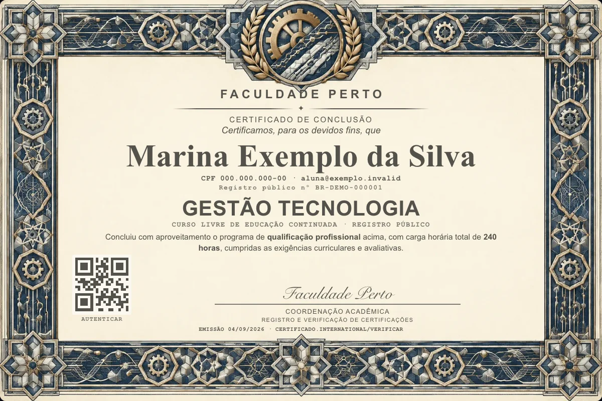 Modelo do certificado do curso de Gestão Tecnologia grátis: registro público, QR de verificação e assinaturas — exemplo com dados fictícios.