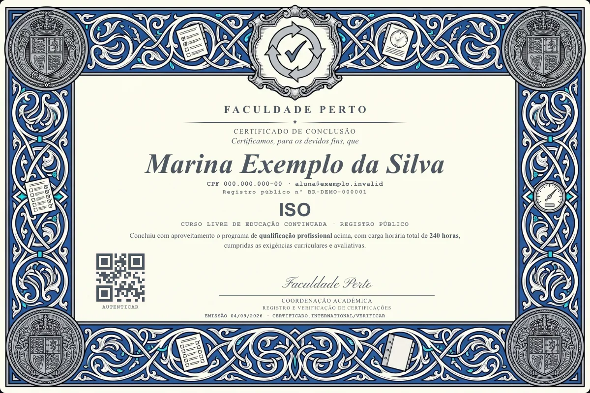 Modelo do certificado do curso de Iso grátis: registro público, QR de verificação e assinaturas — exemplo com dados fictícios.