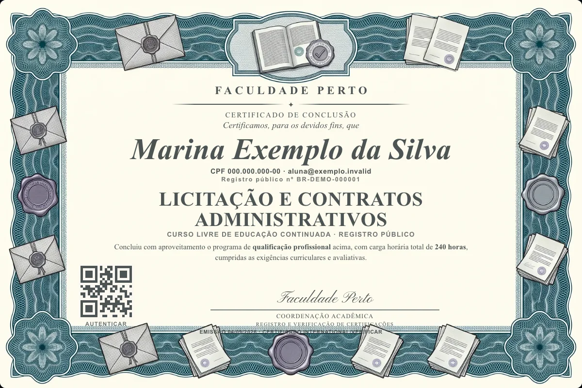 Modelo do certificado do curso de Licitação e Contratos Administrativos grátis: registro público, QR de verificação e assinaturas — exemplo com dados fictícios.