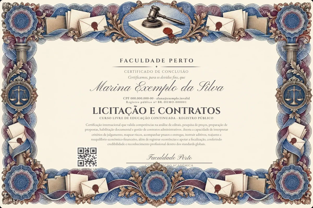 Modelo do certificado do curso de Licitação e Contratos grátis: registro público, QR de verificação e assinaturas — exemplo com dados fictícios.