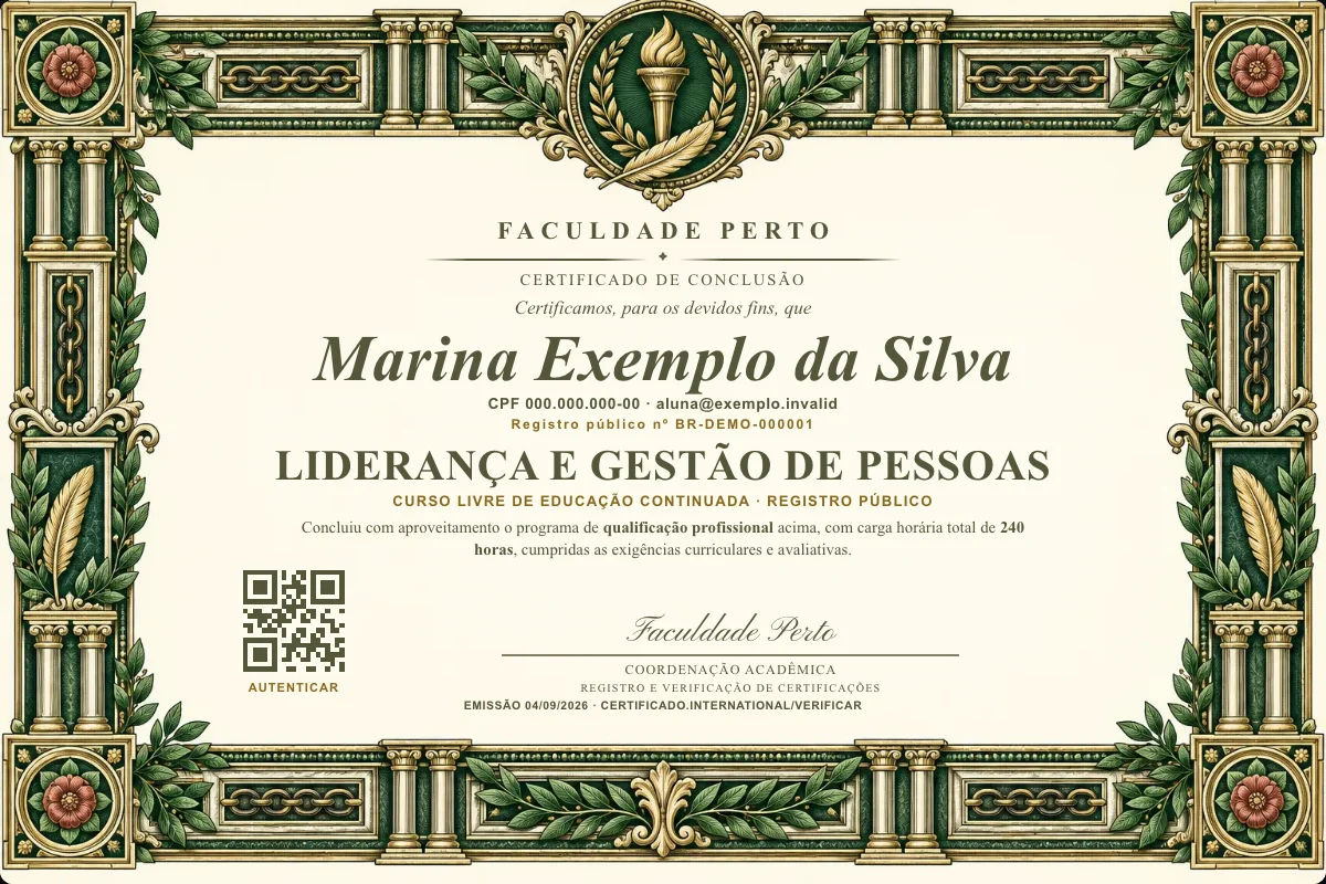Modelo do certificado do curso de Liderança e Gestão de Pessoas grátis: registro público, QR de verificação e assinaturas — exemplo com dados fictícios.