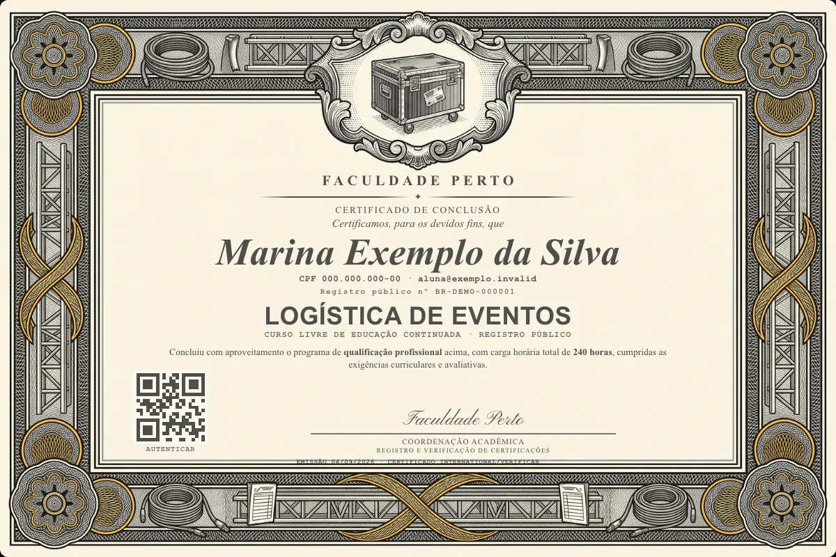 Modelo do certificado do curso de Logística de Eventos grátis: registro público, QR de verificação e assinaturas — exemplo com dados fictícios.