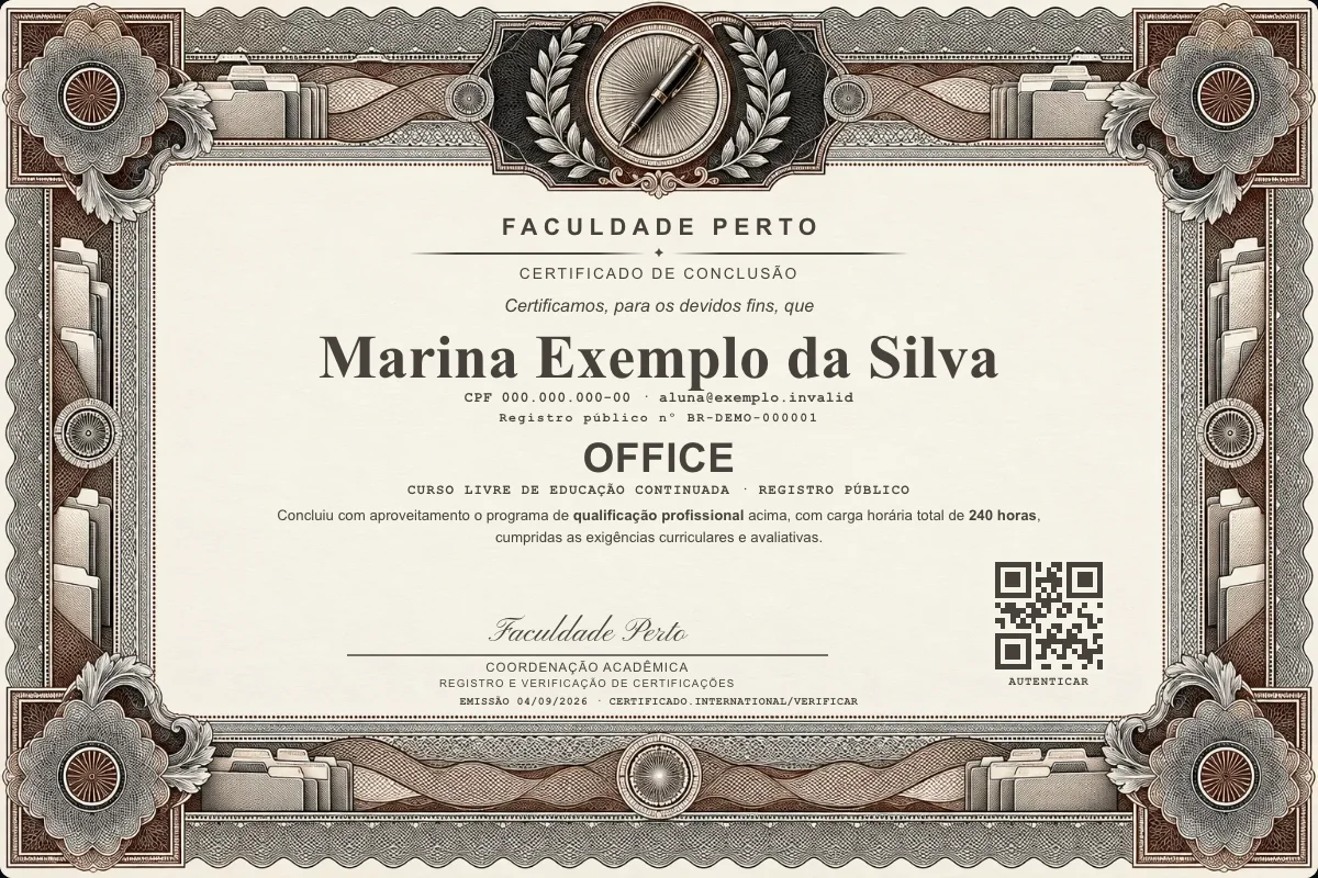 Modelo do certificado do curso de Office grátis: registro público, QR de verificação e assinaturas — exemplo com dados fictícios.