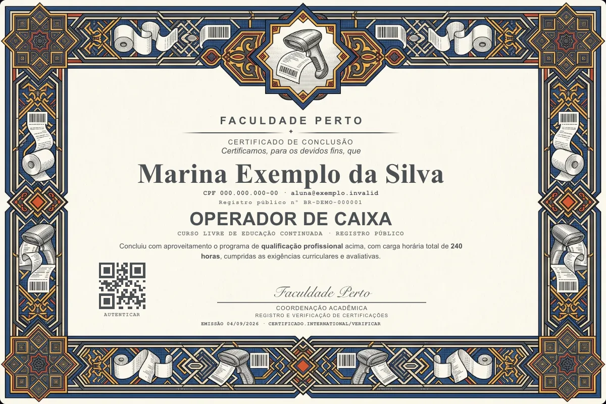 Modelo do certificado do curso de Operador de Caixa grátis: registro público, QR de verificação e assinaturas — exemplo com dados fictícios.