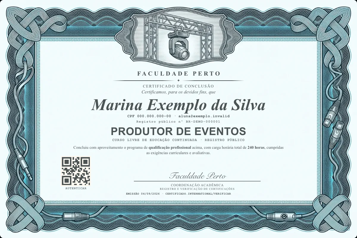 Modelo do certificado do curso de Produtor de Eventos grátis: registro público, QR de verificação e assinaturas — exemplo com dados fictícios.
