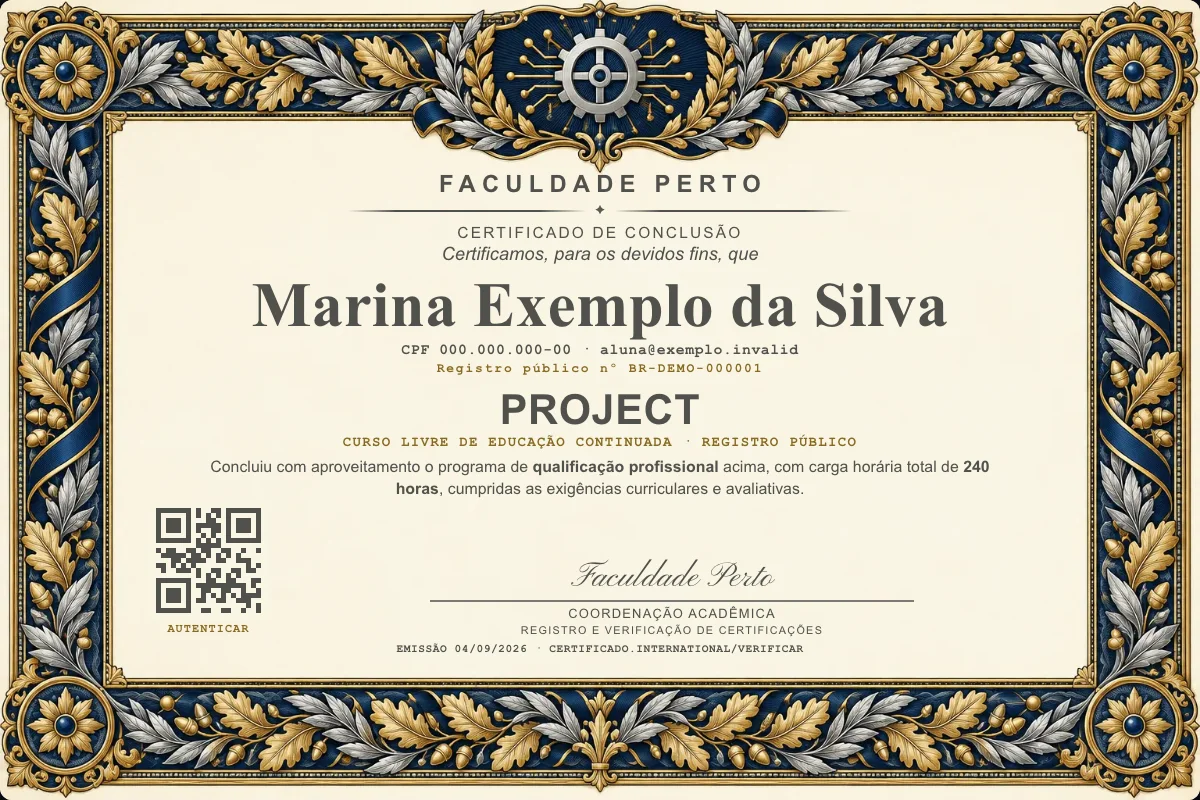 Modelo do certificado do curso de Project grátis: registro público, QR de verificação e assinaturas — exemplo com dados fictícios.