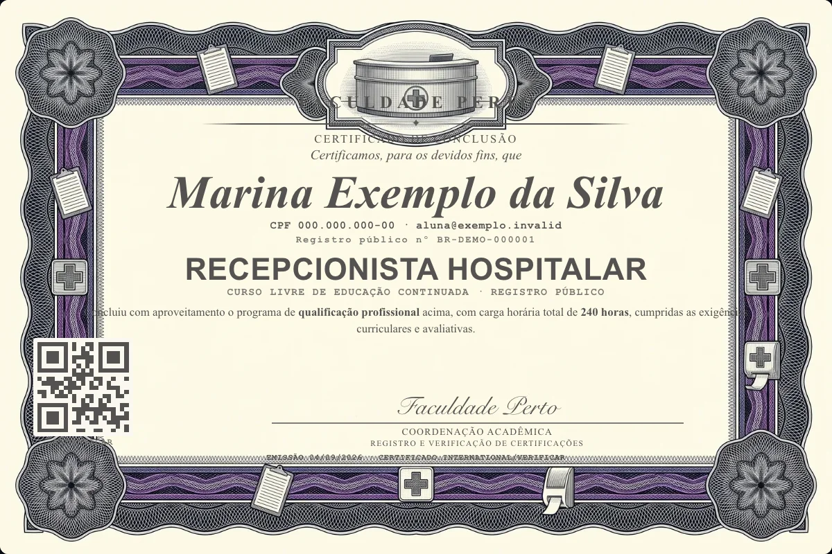 Modelo do certificado do curso de Recepcionista Hospitalar grátis: registro público, QR de verificação e assinaturas — exemplo com dados fictícios.
