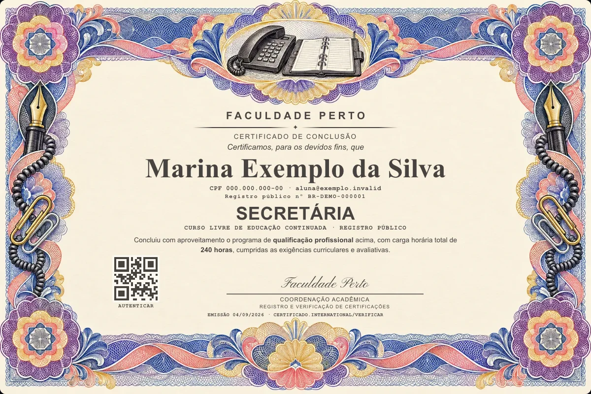 Modelo do certificado do curso de Secretária grátis: registro público, QR de verificação e assinaturas — exemplo com dados fictícios.