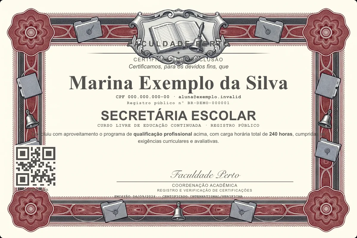 Modelo do certificado do curso de Secretária Escolar grátis: registro público, QR de verificação e assinaturas — exemplo com dados fictícios.