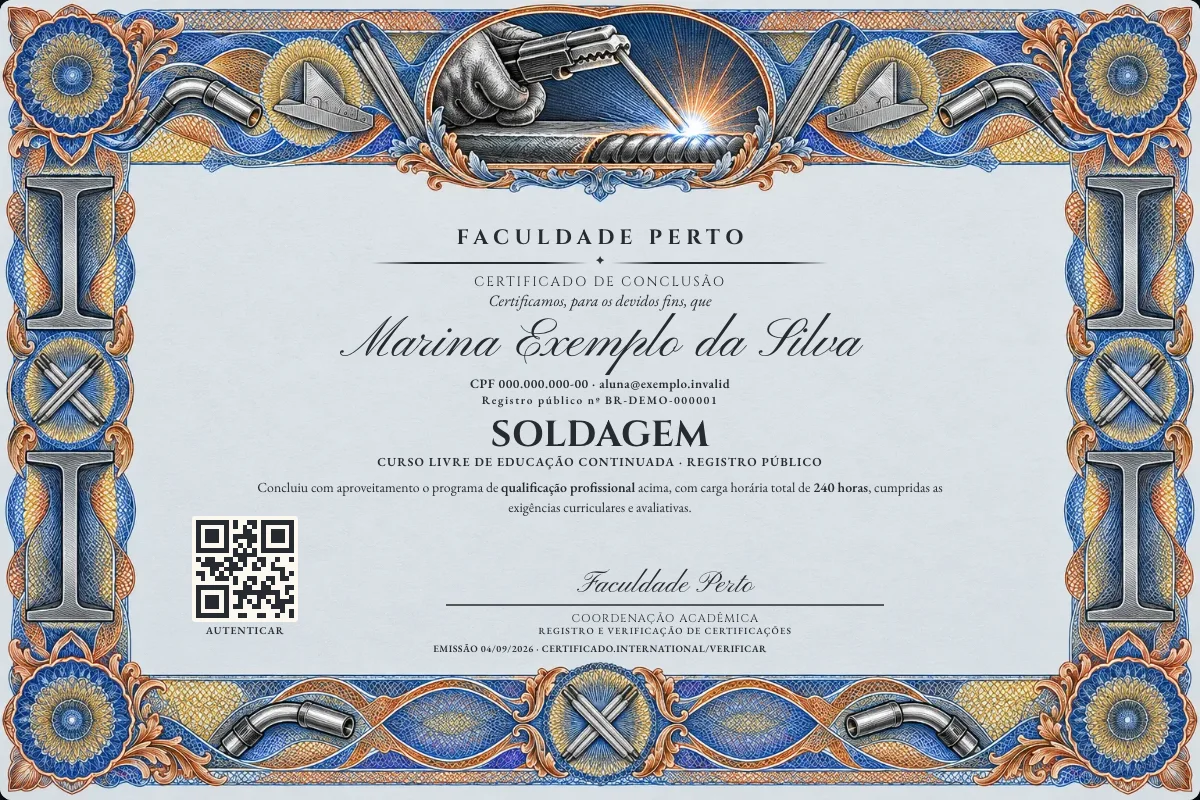 Modelo do certificado do curso de Soldagem grátis: registro público, QR de verificação e assinaturas — exemplo com dados fictícios.