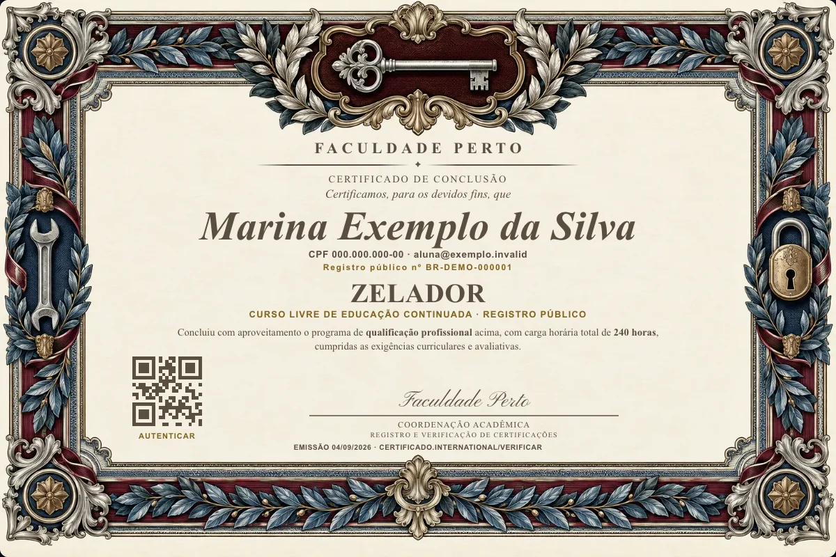 Modelo do certificado do curso de Zelador grátis: registro público, QR de verificação e assinaturas — exemplo com dados fictícios.