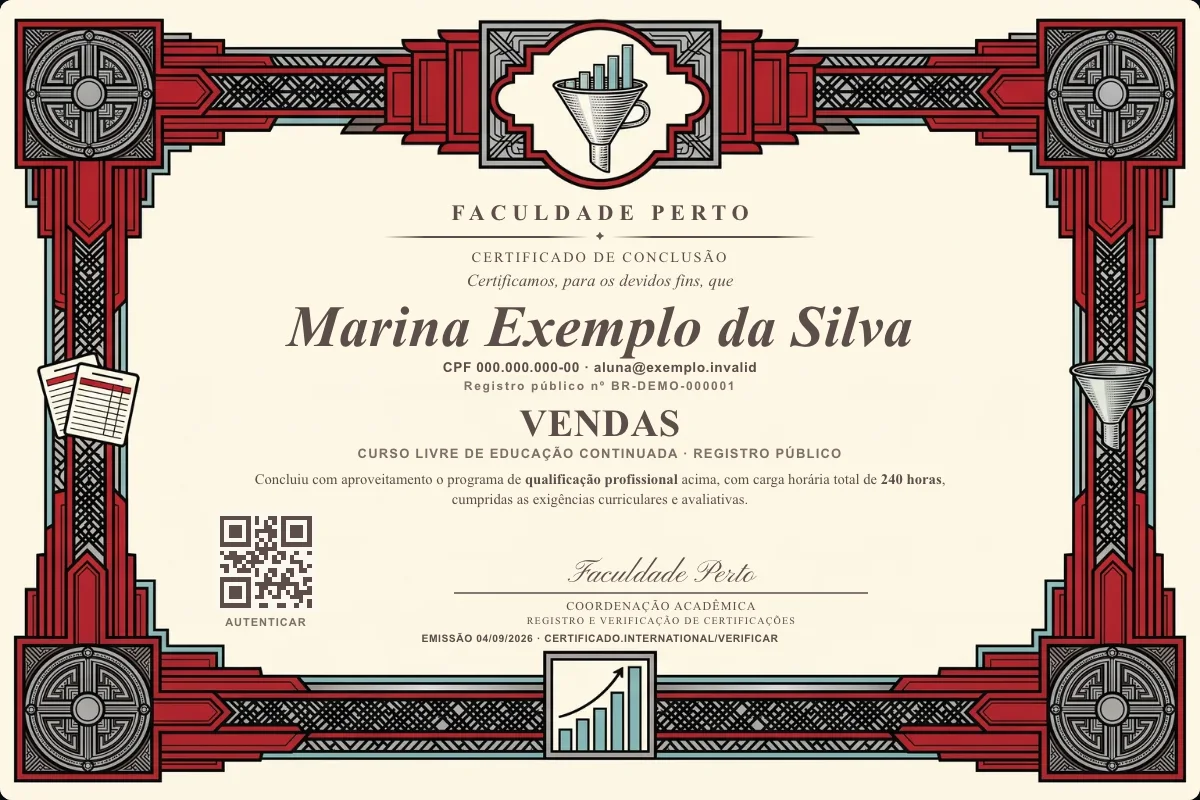 Modelo do certificado do curso de Vendas grátis: registro público, QR de verificação e assinaturas — exemplo com dados fictícios.